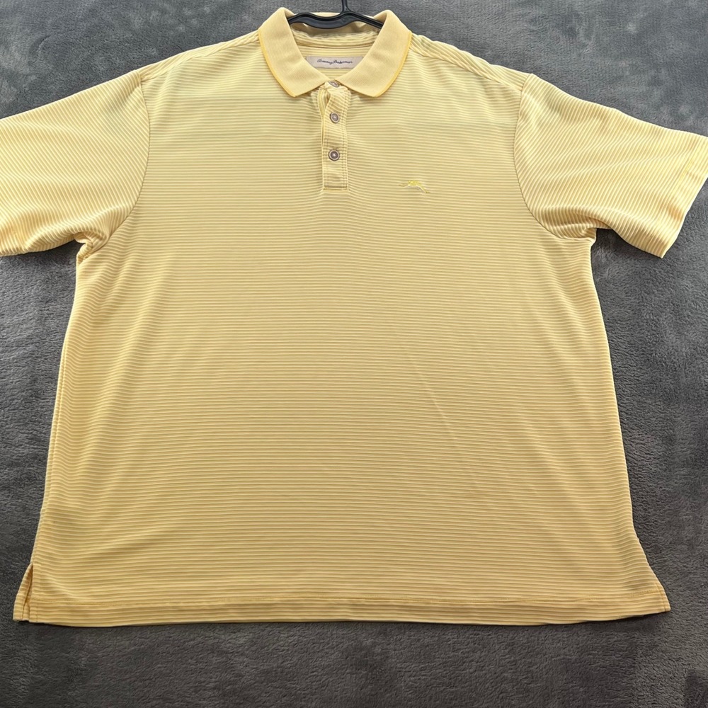 Tommy Bahama Mens Large Yellow White Striped Modal Blend Short Sleeve Polo Shirt